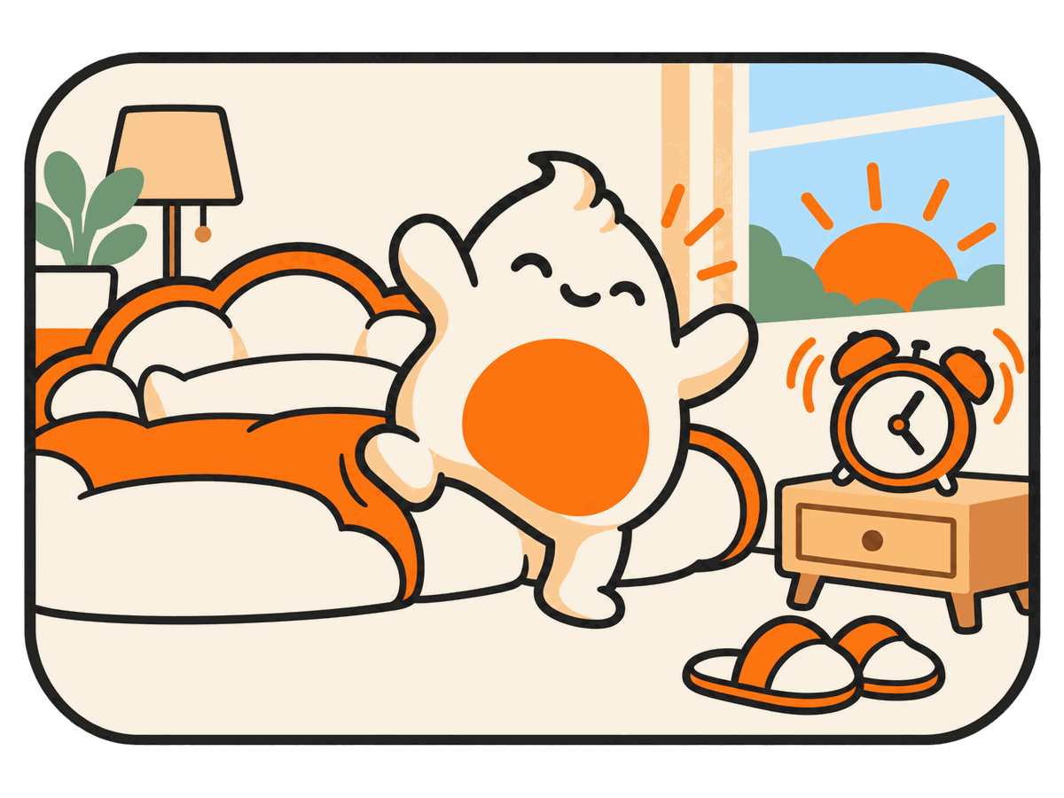 Blob jumping out of bed while an alarm clock rings